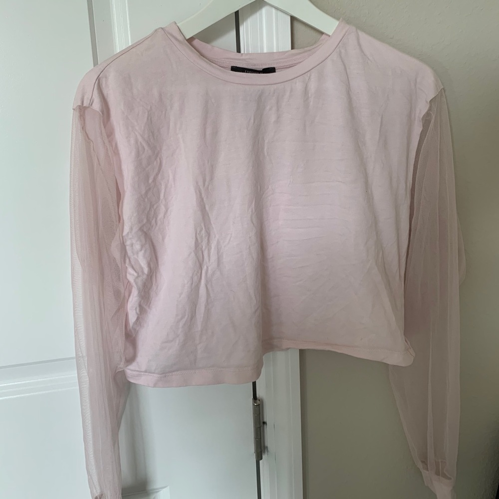 pink crop top mesh sleeves
